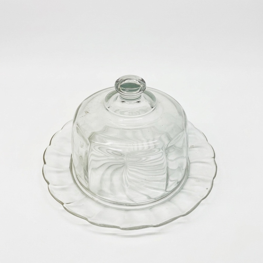60’s Depression Glass VINTAGE Clear Swirl Cheese Dome and Scalloped Plate MCM